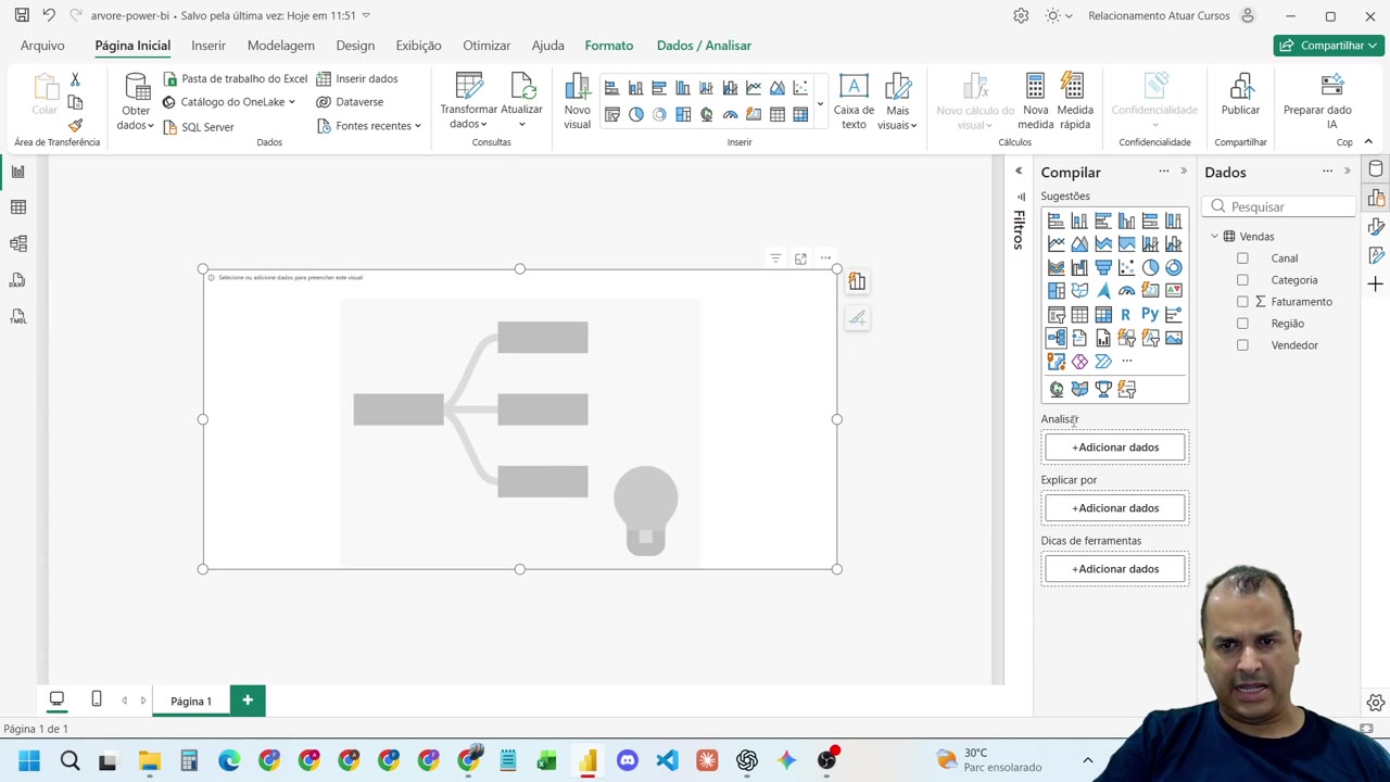 Power BI com visual de árvore de decomposição no centro do relatório.