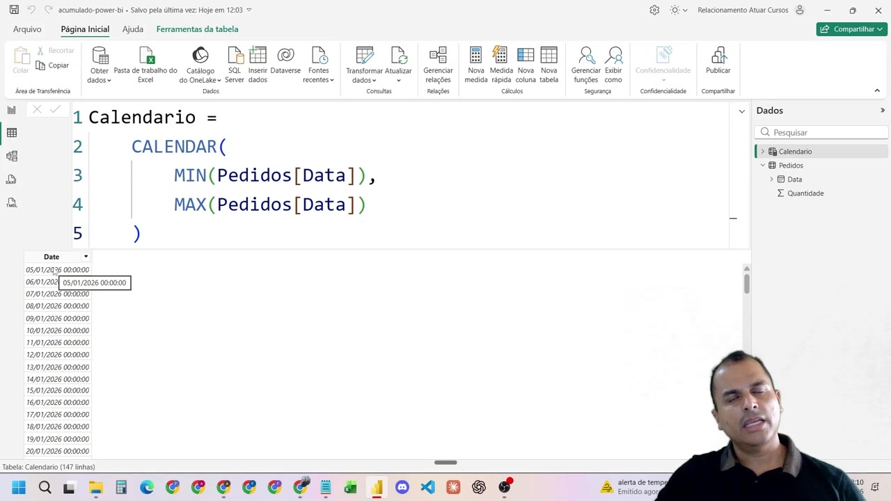 Tela do Power BI mostrando a criação da tabela 'Calendario' com a fórmula CALENDAR preenchida.