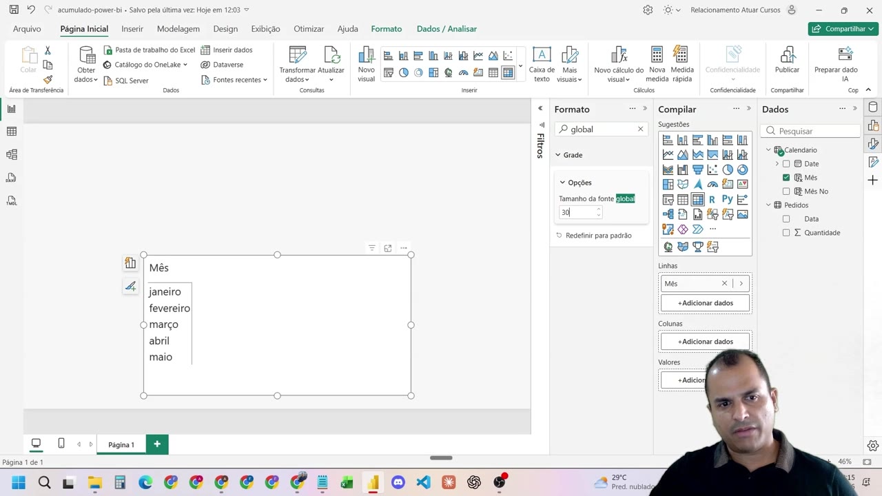 Matriz no Power BI exibindo os meses como linhas com fonte ampliada.