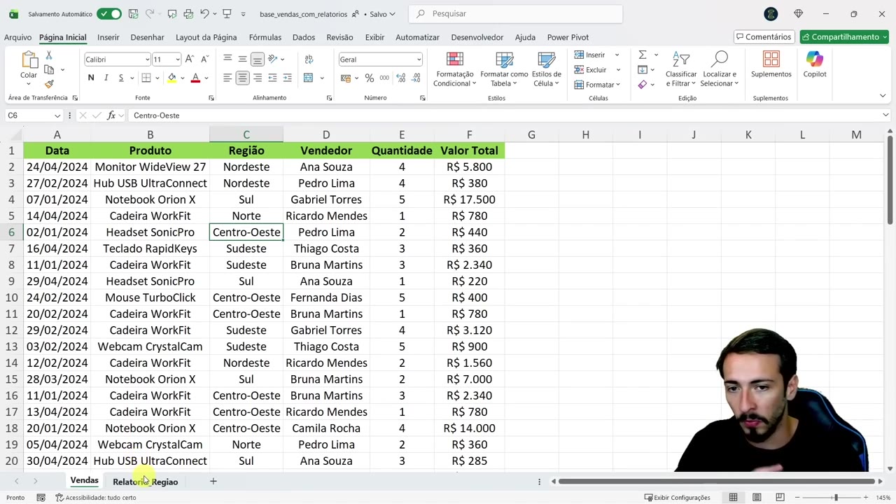 Planilha Excel mostrando colunas de data, produto, região, vendedor, quantidade e valor total.