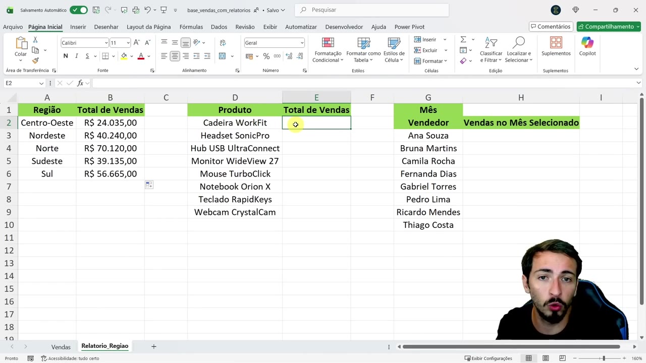 Planilha Excel com relatório por produto e valores totais vendidos usando SOMASES.