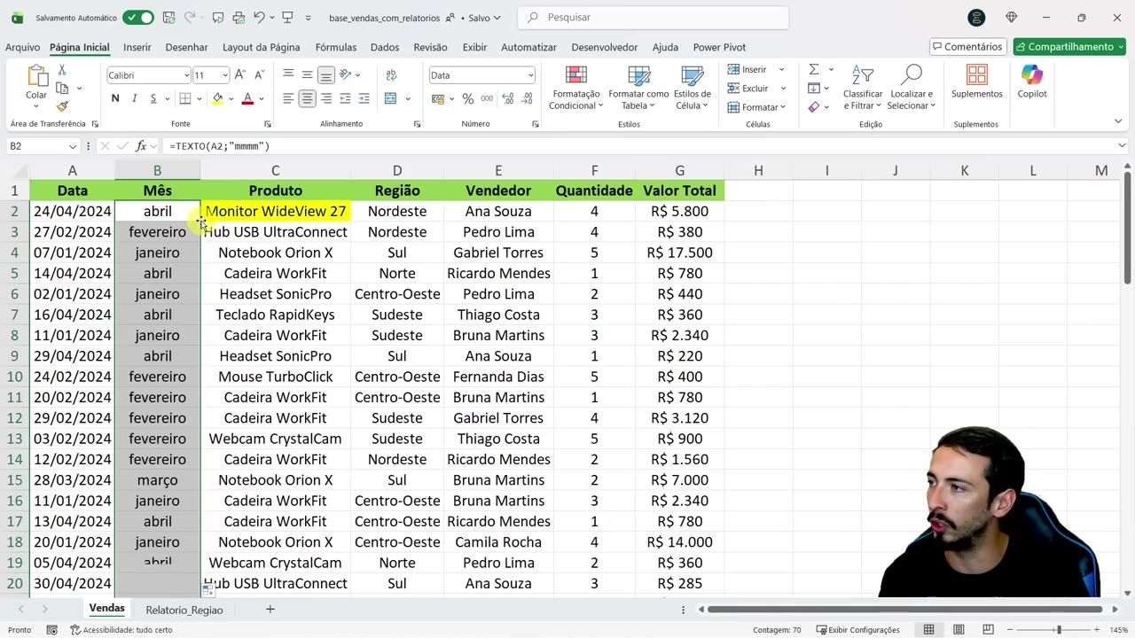 Planilha Excel com coluna Mês ao lado das datas, preenchida automaticamente com nomes dos meses.