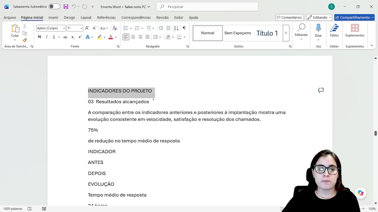 Documento Word com texto dos indicadores na página 5.