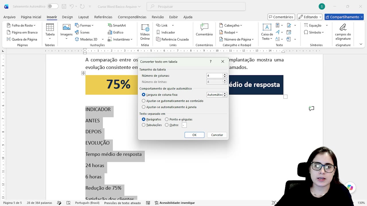 Caixa de diálogo 'Converter texto em tabela' com 4 colunas e 4 linhas.