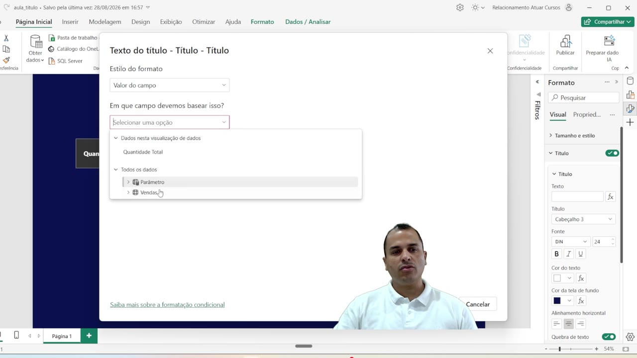 Janela de configuração do título no Power BI com a medida 'Título Vendas' selecionada.