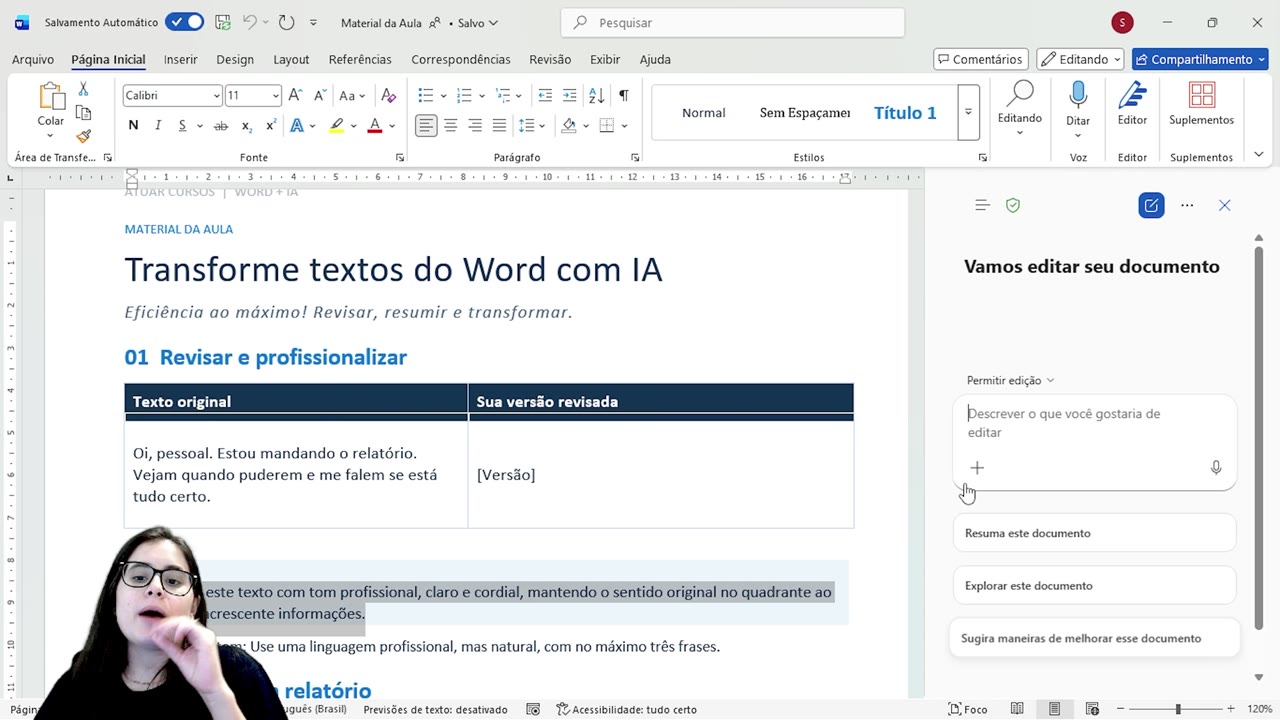 Tela do Word com Copilot aberto no canto inferior direito.