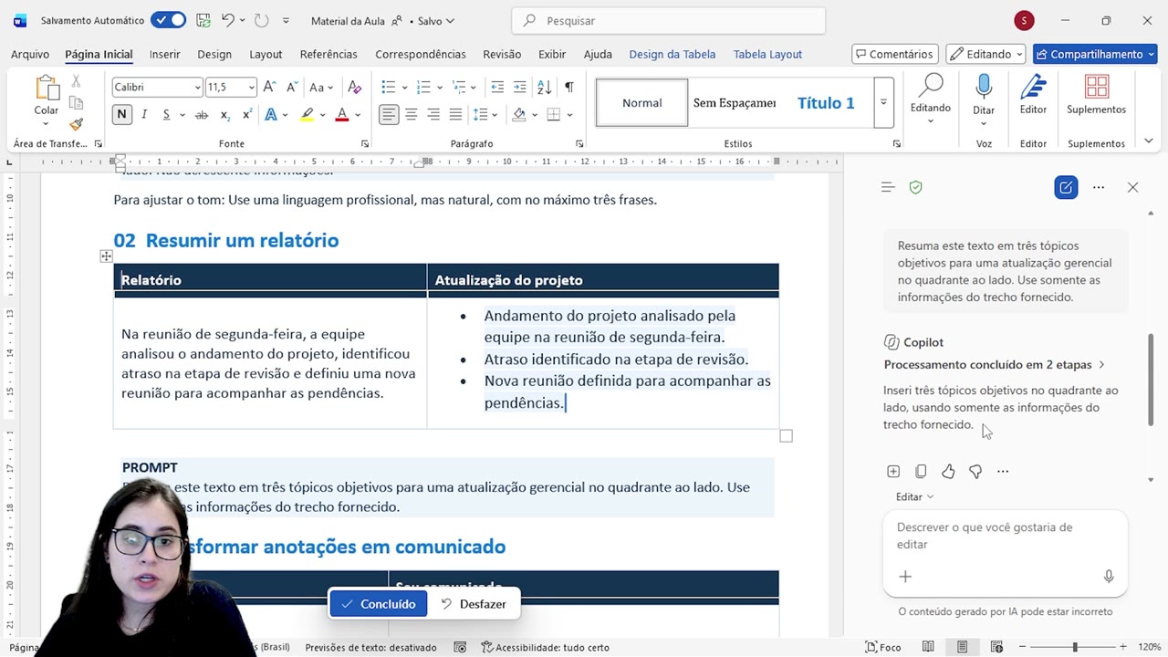 Word exibindo tópicos de resumo ao lado do relatório original.