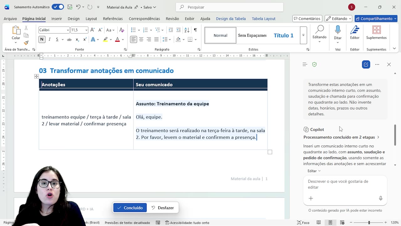 Tela do Word exibindo comunicado pronto ao lado das anotações originais.